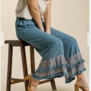 Umgee Wide Leg Pants Ruffle Hem Linen Cotton Teal Size Medium